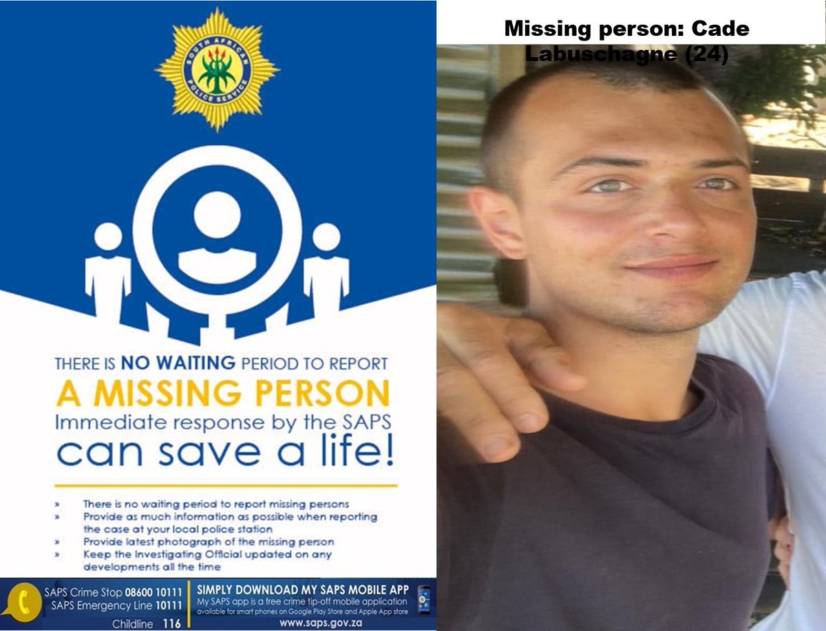 RT #sapsEC #SAPS Cookhouse detectives in the Eastern Cape seek the community’s assistance in tracing a 24yr-old man, Cade Labuschagne, who is #missing since 22/04. He reportedly ran away from the Middleton Rehabilitation Care Centre. Info->D/Capt Mvelase on 082 442 3218