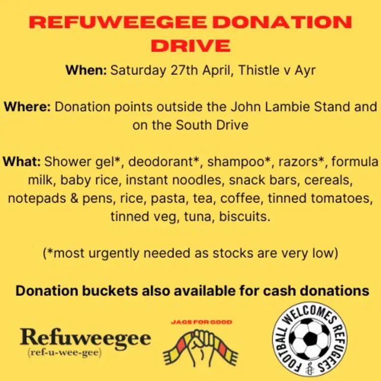 REMINDER: We are supporting @PartickThistle’s involvement in @AmnestyUK’s #FootballWelcomes initiative by holding a @Refuweegee donation drive at Saturday’s match against @AyrUnitedFC. If you are able to donate any of the items below we would be so grateful ❤️💛