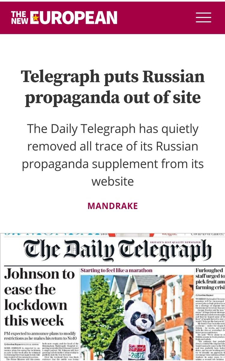nickreeves9876's tweet photo. Johnson got paid £2,291 an hour by the offshore billionaire Barclay brothers for writing a column in the Telegraph. They wanted Brexit, he delivered it. Meanwhile, the Telegraph was receiving around 500k a year from Russia to publish a Russian propaganda supplement. Join the dots.
#BrexitRussia #ToryCorruption