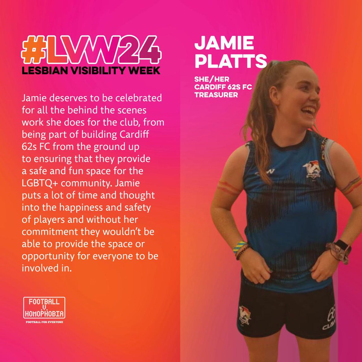 Today we are celebrating Jamie Platts from @Cardiff62sFC for #LesbianVisibilityWeek Jamie deserves to be celebrated for all the behind the scenes work she does for the club 🙌 #LVW24 | #unifiednotuniform