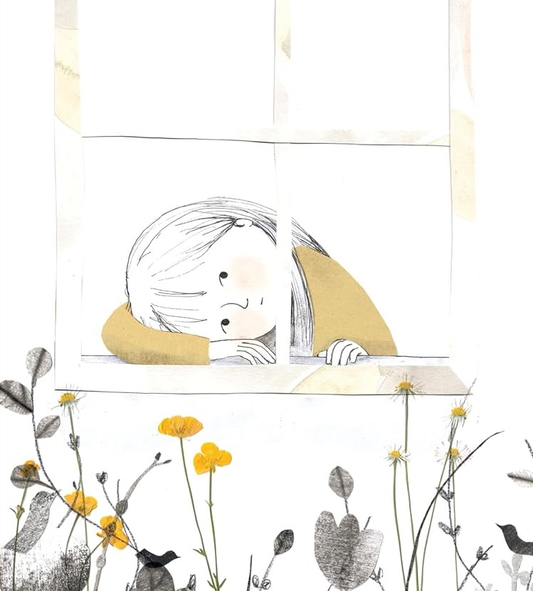 #NewIllustrationoftheDay. 'For as long as she can remember, Clara has been fascinated by the birds.' Spare drawing and a limited palette in Emma Simpson's quietly expressive debut about a shy girl, Clara and the Birds, out 9 May. @ABRAMSbooks