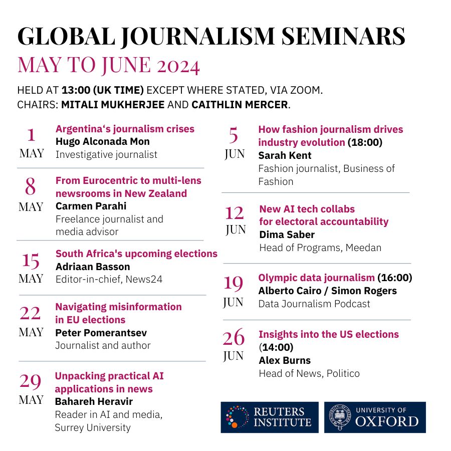 🗨️ This term's online #RISJSeminars hosted by @MitaliLive and @CaithlinMercer feature speakers inc. @halconada @peterpomeranzev @Bahareh360 @alexanderburns @dimalb @SarahKNews and more Everyone welcome! 👉🏽 More info: reutersinstitute.politics.ox.ac.uk/news/join-our-… 🧵Details of each in thread