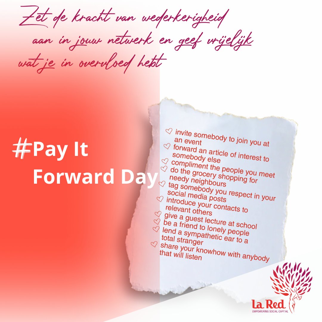 Komende zondag, 28 april, is het Pay it forward day. En als het aan ons ligt, mag het dat  iedere dag zijn! 

👉 Wij leggen je uit hoe je op deze manier sociaal kapitaal kunt opbouwen en uitbreiden. Je download de handige infographic gratis op de website: lared.ac-page.com/pay-it-forward