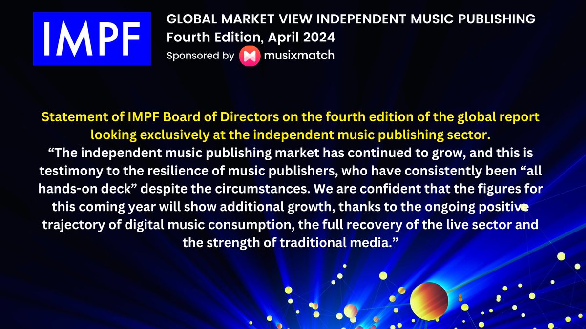 @IMPForum IMPF launched the 4th Edition of Global Market View Independent Music Publishers report yesterday. Sponsored by @Musixmatch IMPF Board of Directors Statement on the Report. See the Report here: zurl.co/qdqC #GlobalMarketView #indies #music #publishers