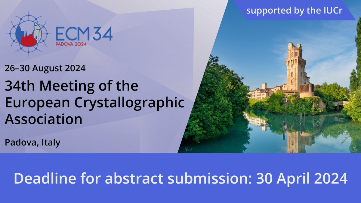 18th European Powder Diffraction Conference 2024
<a href="/AICryst/">Associazione Italiana Cristallografia</a>
Submission deadline > 30 April 2024 
Learn more here ↓
epdic18.org/abstract-submi…

34th Meeting of the European Crystallographic Association  #ECM34 <a href="/ECA_social/">European Crystallographic Association (ECA)</a> 
Submission deadline > 30 April 2024 ↓
ecm34.org/abstracts