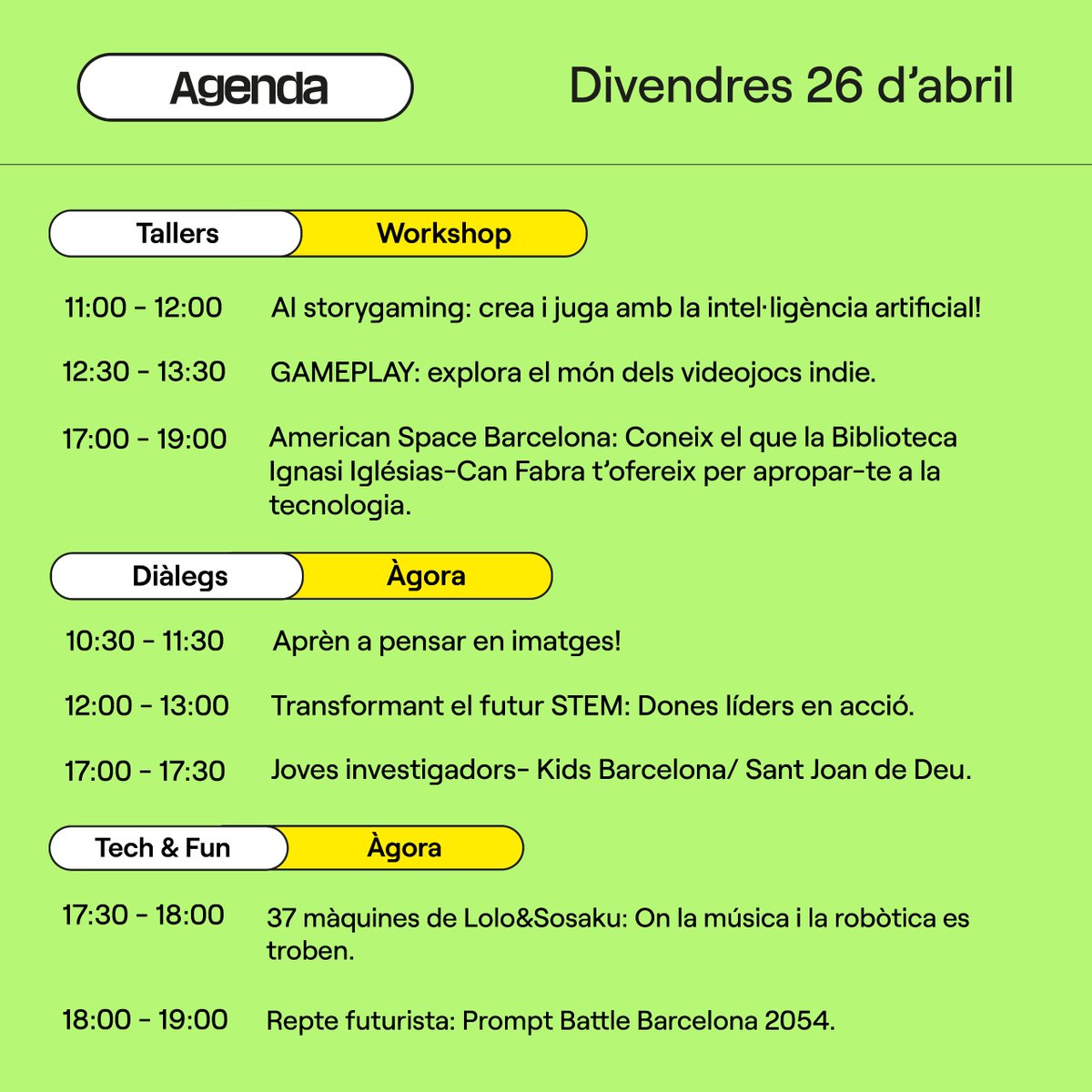 MWCapital's tweet photo. ☀️ Dia 2 a la #TechAndPlay24

🤖 15 experiències tecnològiques
✏️ Tallers per explorar la tecnologia
🎙️ Ampli programa de diàlegs entre experts de diferents camps
🎨 Espectacles on es fusionen l’art i la tecnologia.

🎟️ Gratuït i obert per a tothom!

Vols més detalls? Consulta l'agenda d'avui 👇🏼