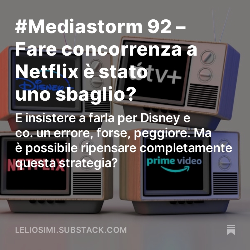 Nuovo numero mia newsletter #Mediastorm 

► Fare concorrenza a #Netflix è stato uno sbaglio?
E insistere a farla per #Disney e co. un errore, forse, peggiore. Ma è possibile ripensare completamente questa strategia?
#streaming #industry 

► buff.ly/3Qk4Gku