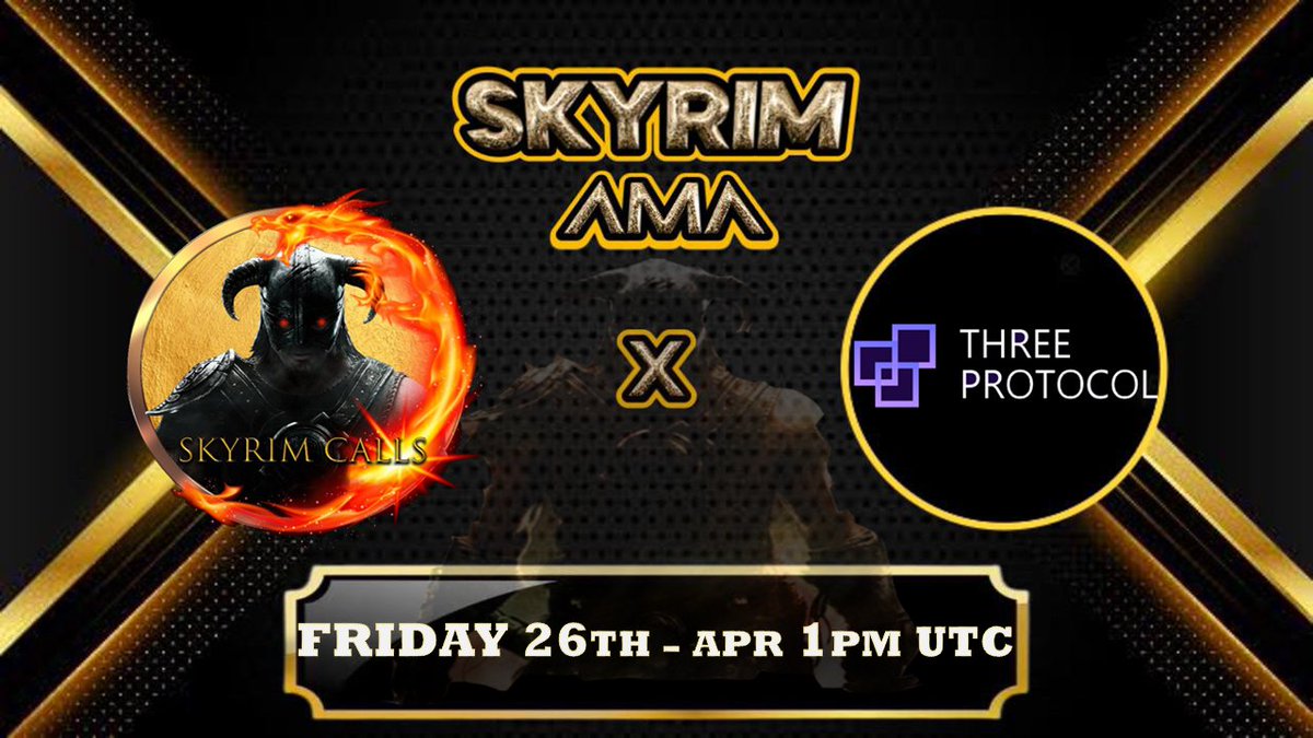AMA ANNOUNCEMENT✅

@ThreeProtocol AMA 
FRIDAY APRIL 26TH 1PM UTC ⏰

🟢AMA LOCATION: t.me/skyrimcall

Project Telegram:
t.me/threeprotocol

Skyrimcalls Telegram Channel:
t.me/skyrimcall

#DYOR #NFA #bsc #crypto #bsc #Ethereum #skyrim #presale #PinkSale #gems…