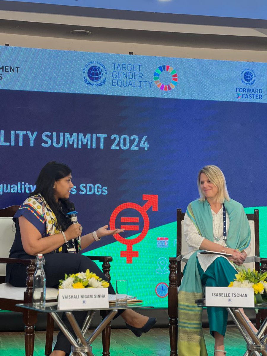 In the #Spotlight session at #GES2024 @vnigamsinha, @ReNewCorp speaks to Isabelle Tschan @UNDP_India. @istschan shares 'There's a need to accelerate #PoliticalRepresentation of women. With the mandate being in place, capital & supportive systems are required' 

 #Act4GenderImpact