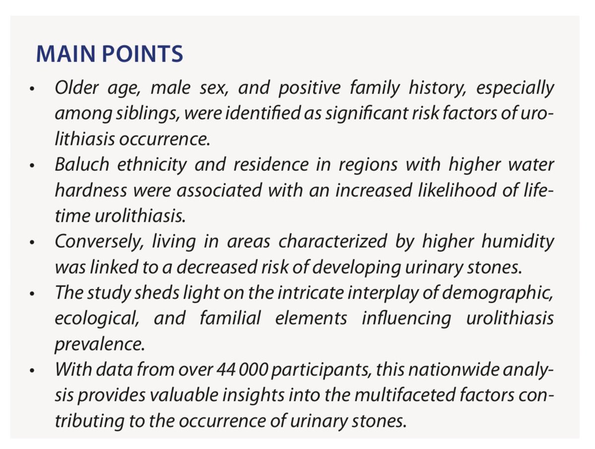 Exploring the Impact of Family History, Demographics and Ecological Factors on Urolithiasis Prevalence: Insights from a Nationwide Study Abbas Basiri et al. @HajebrahimiS #urinarycalculi #urolithiasis #kidneystone Link : urologyresearchandpractice.org/en/exploring-t…