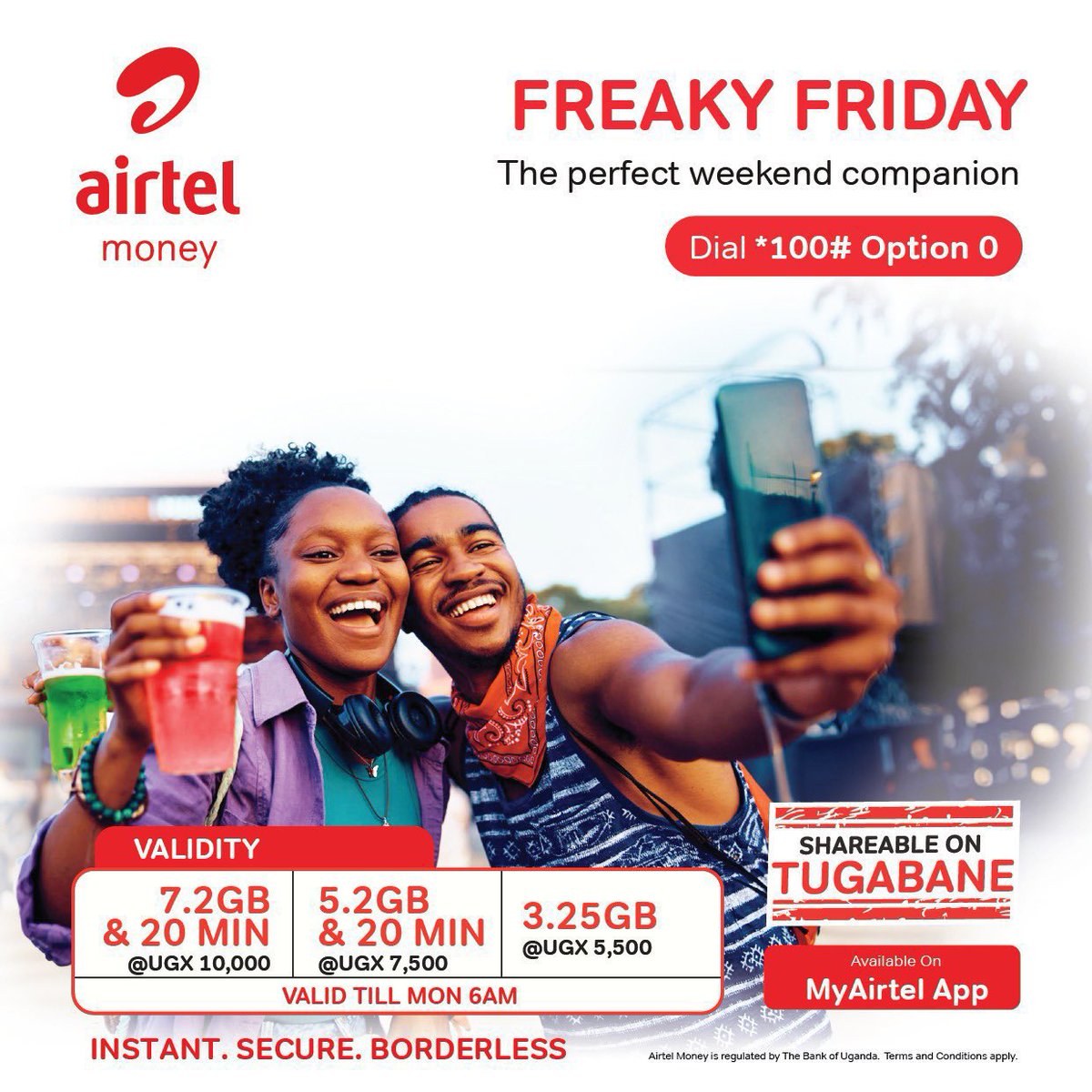 Enjoy your weekend in style by dialing *100*0# now to subscribe for #FreakyFriday bundle valid till Monday 6Am Follow us @Airtel_Ug to keep updated on what we have for you in stock.