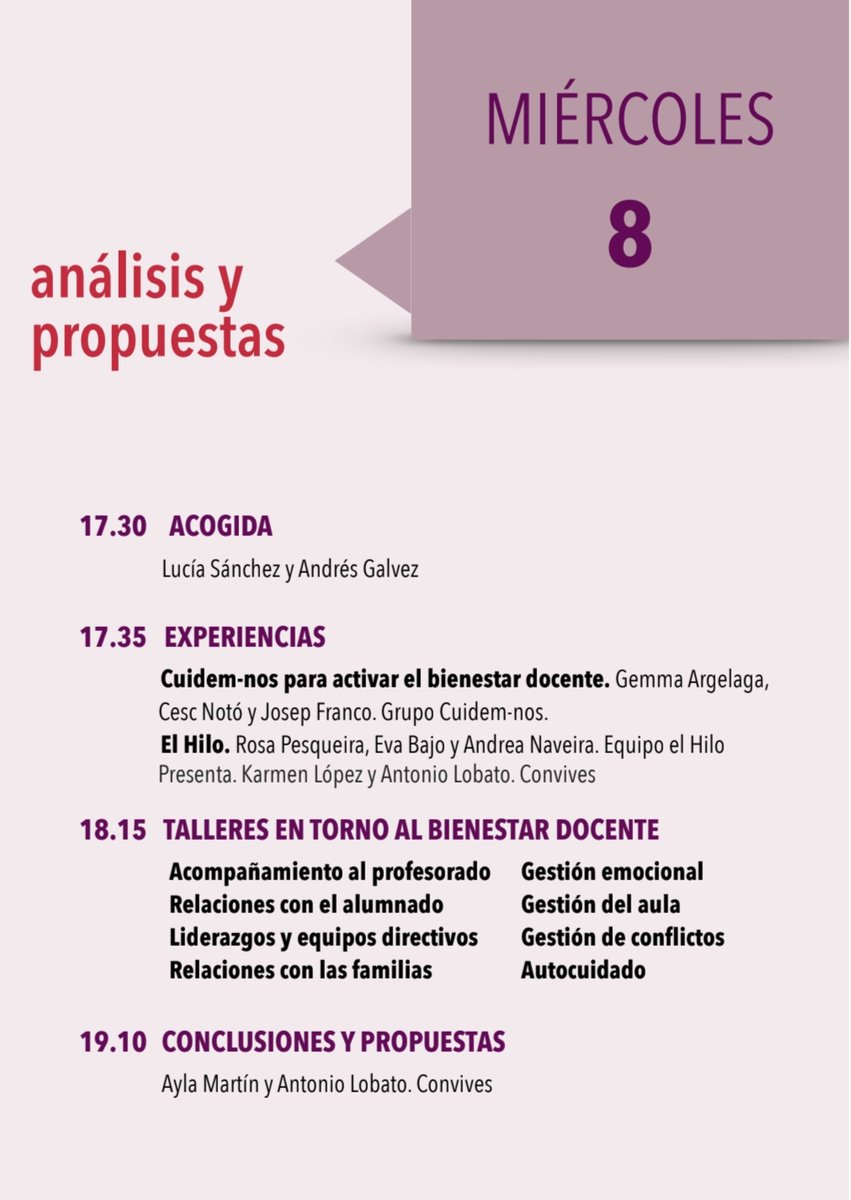 Si quieres compartir y reflexionar conjuntamente sobre el bienestar docente, no te pierdas las #JornadasConvives24.

🗓  7 y 8 de mayo  
💻 On-line  
🙌 Gratuitas
🔶 Inscríbete aquí: forms.gle/acGzy2fpYPYWrM…
👇 Programa completo 👇