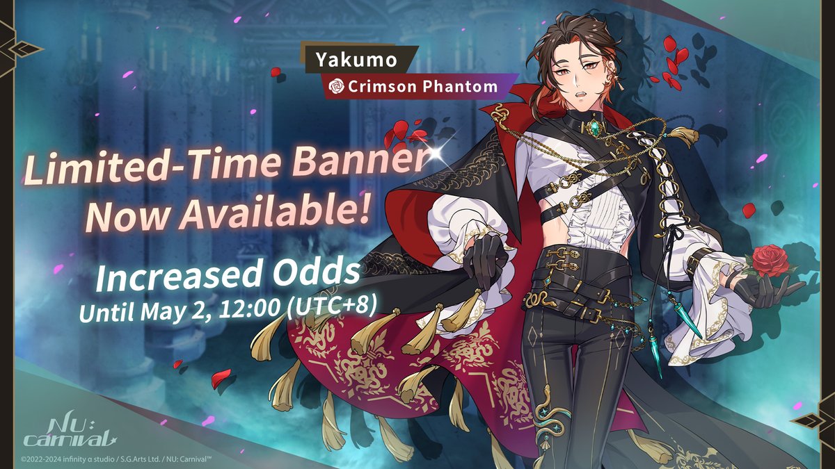 \🧛 Yakumo [Crimson Phantom] Available for a Limited Time 🧛/

Driven by his instincts, the gentle yet insatiable Yakumo is about to show a different side of himself...
Use [Essence Contract x1] or [Spirit Gems x600] to perform up to 90 summons to obtain this dashing Count…