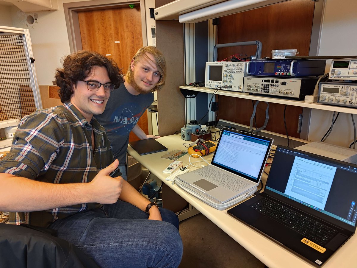 MTU_OpenSource's tweet photo. KeWee Energy Meters is working with a new power monitoring chip! This chip, the ACS37800, communicates over I2C. Team members Liam (left) and Caleb (right) are shown debugging communications with the chip, and responses are shown in the Arduino IDE. https://t.co/EK1IRRXPAb