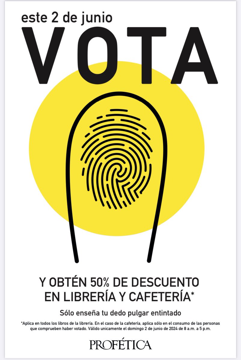 El domingo 2 de junio ven a Profética después de votar y enseñando tu pulgar entintado llévate cualquier libro con el 50% de descuento; si no has desayunado, aprovecha que en cafetería también habrá 50% de descuento. Un empujoncito para que no dejes de votar el próximo 2 de junio