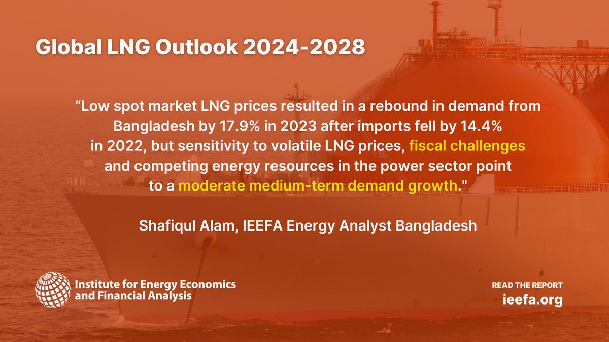 Low spot market #LNG prices resulted in a rebound in demand from #Bangladesh by 17.9% in 2023 after imports fell by 14.4% in 2022, says @Shafiqson in @IEEFA_institute’s latest Global LNG Outlook. #ONGT Read the full report ➡️ hubs.li/Q02tZycd0
