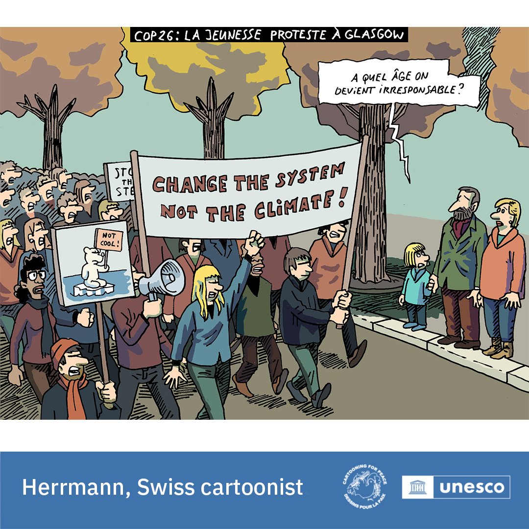 Standing against #ClimateChange is everyone’s responsibility. Through #PressFreedom we empower & amplify the voices of the youth leading the charge. Let's combat misinformation & work to protect our planet: unesco.org/en/days/press-… 🖌️Les dessins d'Herrmann #WorldPressFreedomDay