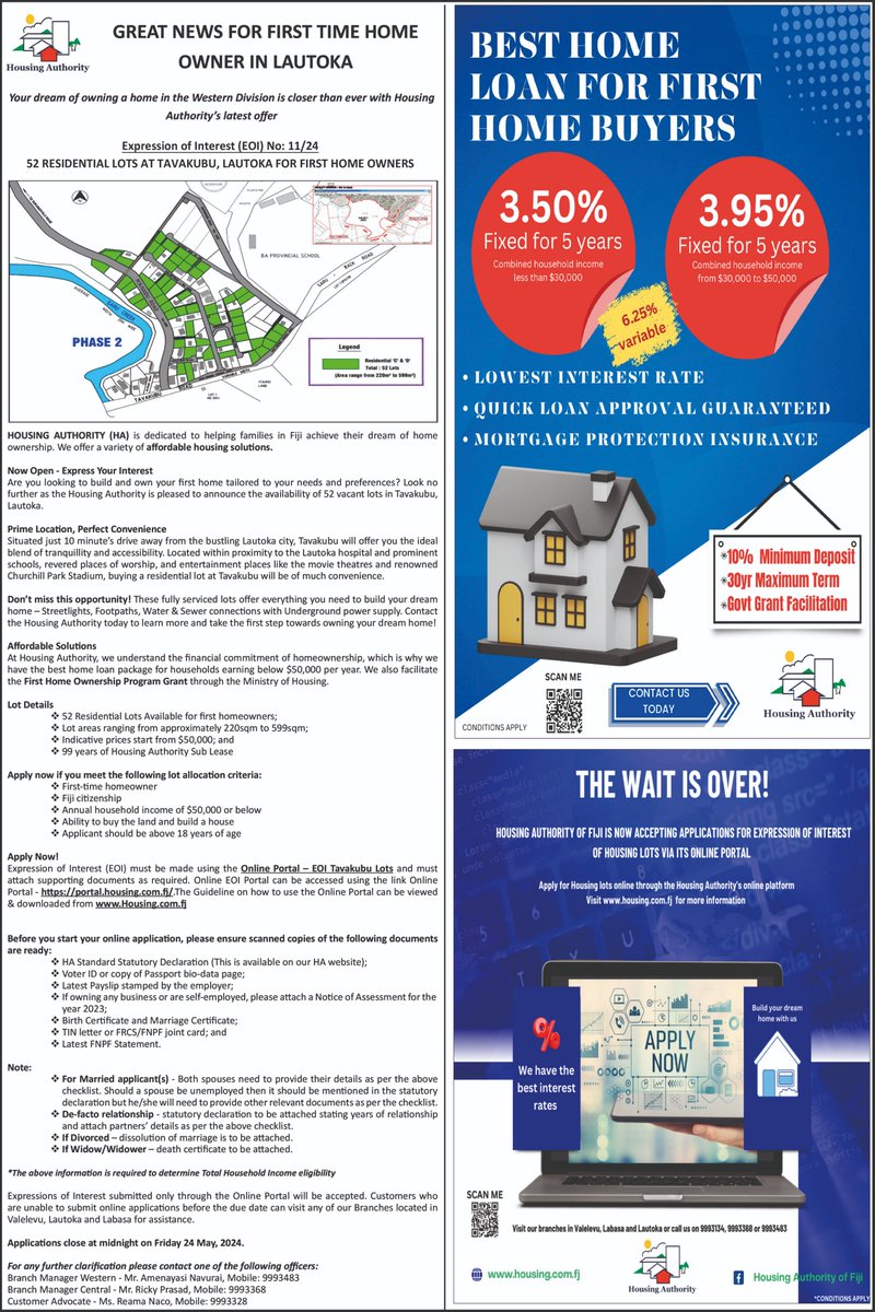 Your dream of owning a home in the Western Division is closer than ever with the Housing Authority's latest offer of 52 residential lots in Tavakubu, Lautoka. The lots cater for those earning below $50,000, first homeowners &amp; those who can afford to buy land and build a home. 1/3