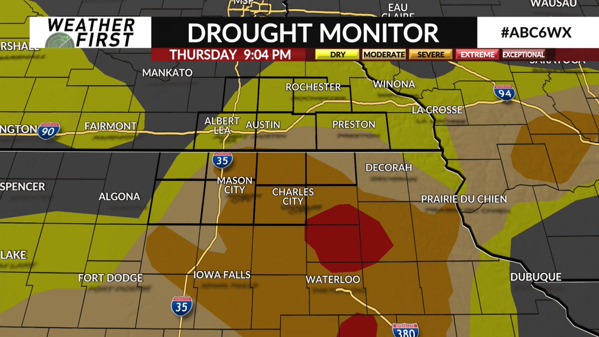 The Drought Monitor has been updated, and we have good news!!

The extreme drought conditions are mostly gone. We do still have moderate to severe drought conditions, but more rain this weekend should help continue to fix drought conditions.

#mnwx #iawx #abc6wx