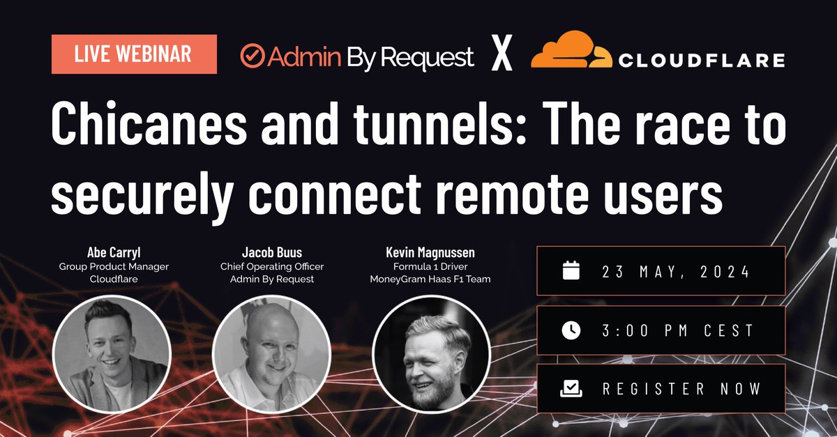 Join us in just 4 weeks for Chicanes and Tunnels: Securing Remote Connectivity with @Cloudflare🌐

Plus, get in on a lovely Q&A session with F1 driver, @Kevin Magnussen🏁

Register below👇🏽
gateway.on24.com/wcc/eh/2153307…

#Webinar #Cloudflare #RemoteAccess #KevinMagnussen #AdminByRequest