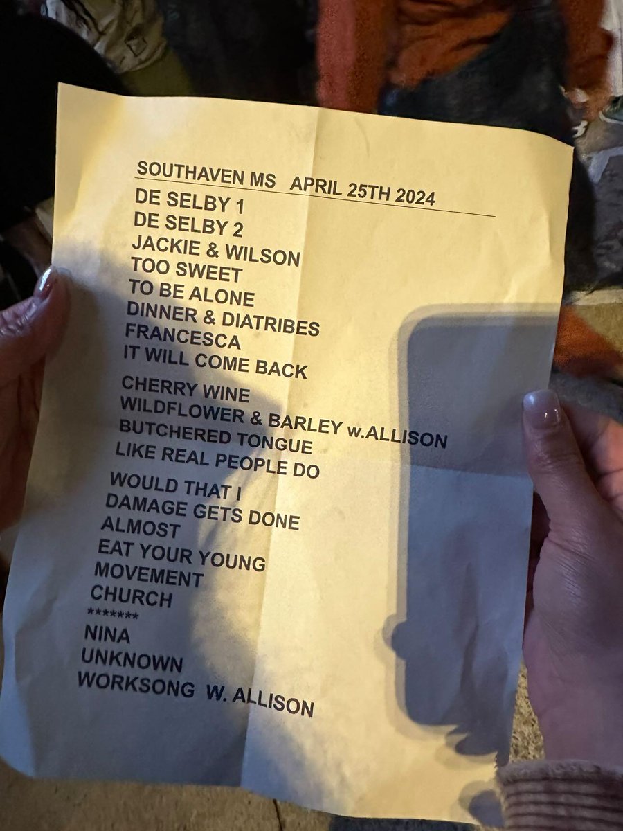 Tonight's setlist!! He added two more songs, Butchered Tongue and Damage Gets Done!!!🤩 
Southaven, MS. 25.04.24 #unrealunearthtour
Via claudia_doucette|IG