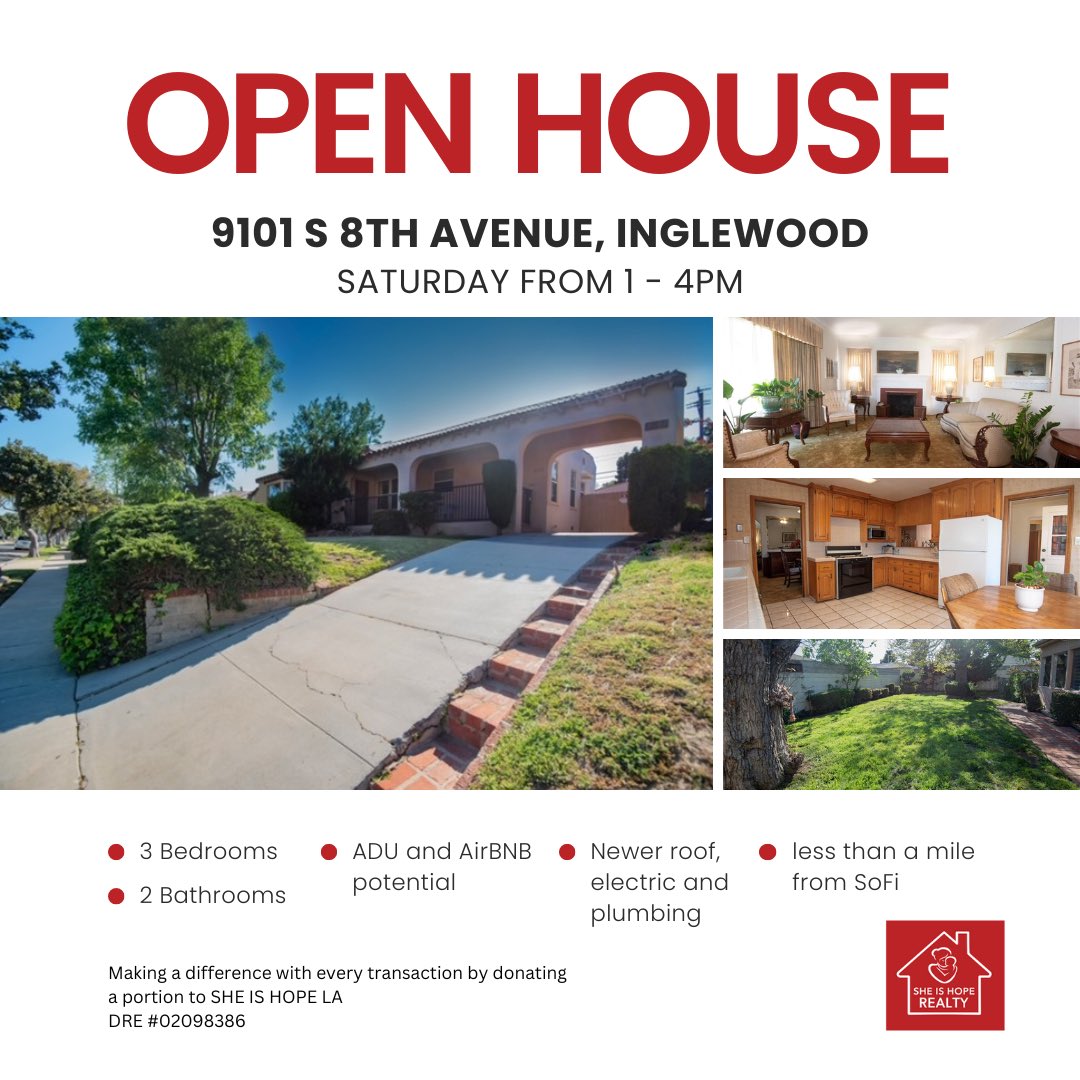 Join us 4/27 from 1-4pm for an open house @CityofInglewood! This home
is less than a mile from @SoFiStadium , @KiaForum & the @youtubetheater! A percentage of this transaction will be donated to @sheishopela to uplift single mother families!