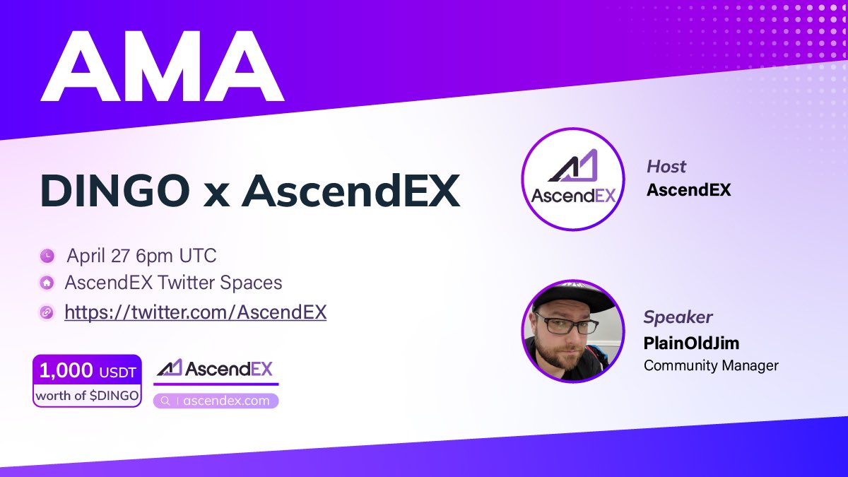 🚀We're excited to announce that we'll be hosting an AMA with @dingocoincrypto on our X Spaces! 💰1,000 USDT worth of $DINGO (For 20 listeners): ✅Set a reminder: twitter.com/i/spaces/1LyxB… ✅Participate on the AMA and ask a valuable question #DINGO #Crypto #AscendEX #AMA