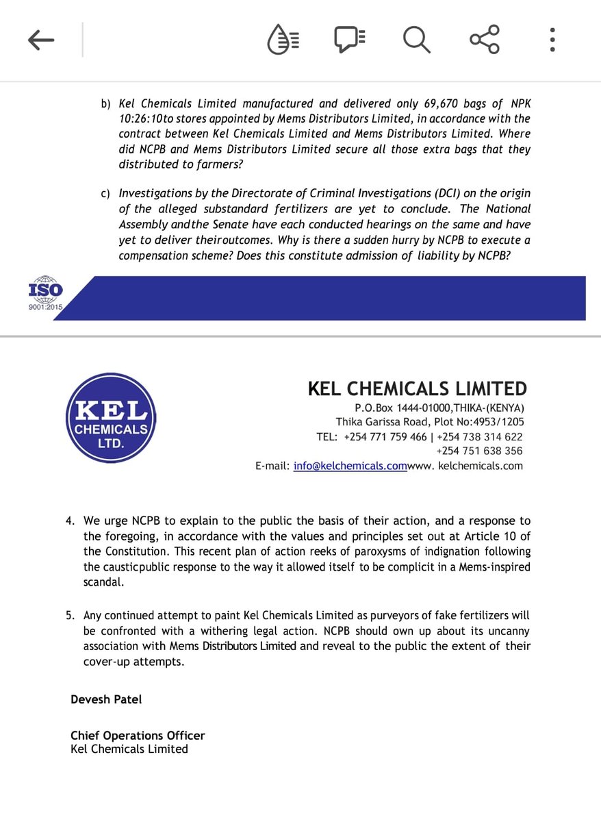 NCPB is a crime scene bwana. Even Kels Chemicals, who have been accused by the President have asked LEGITIMATE questions in this letter. Why is NCPB compensating farmers who bought FAKE FERTILIZERS that was supplied by a PRIVATE company? What level of INCOMPETENCE is this?