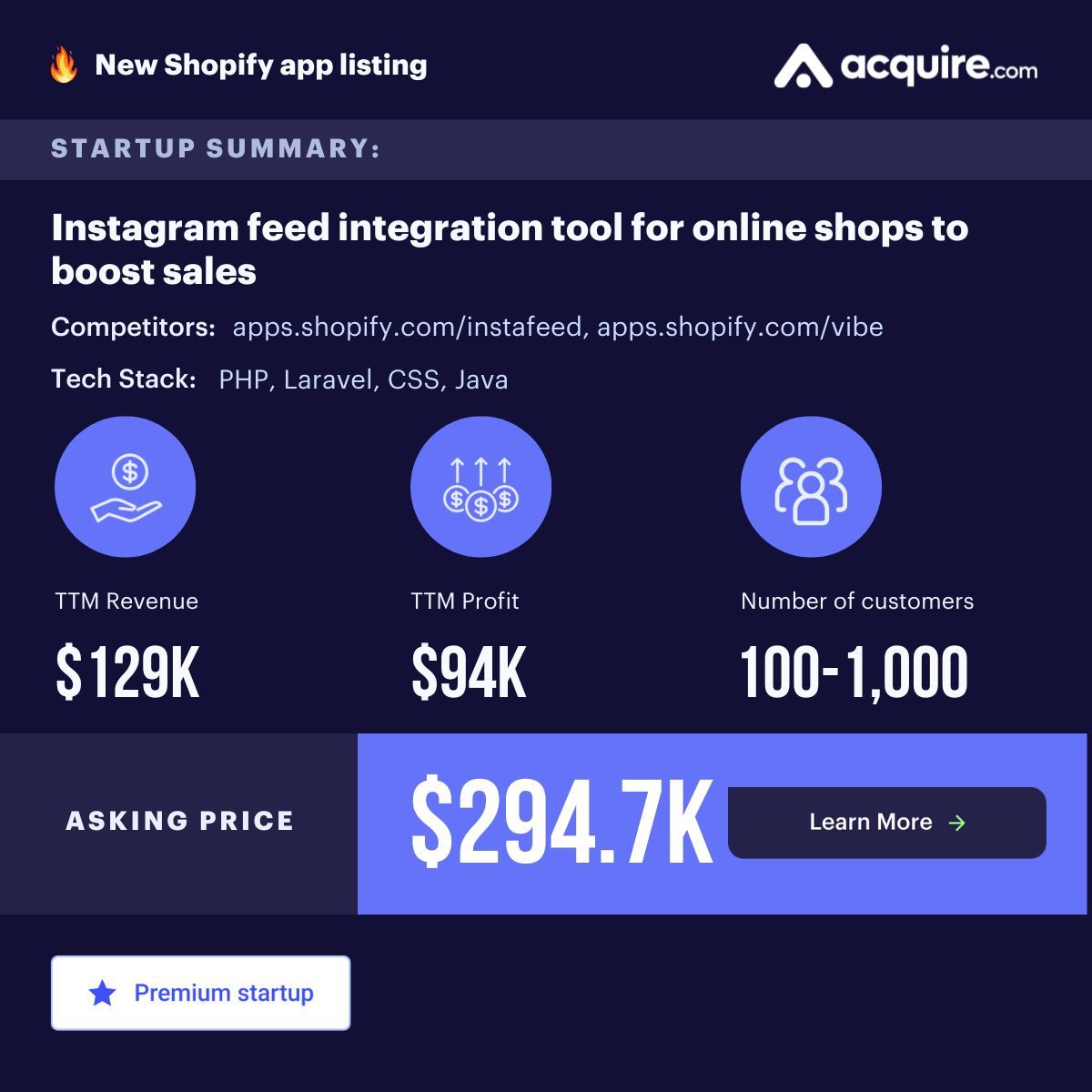 🔥 New CSM Startup Listed 🔥 Shopify app | Instagram feed integration tool for online shops to boost sales | $129k TTM revenue Asking Price: $294.7k Contact the seller here: buff.ly/3WfUtcy
