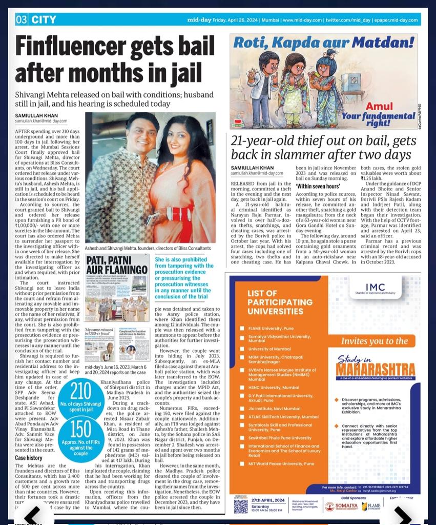 #Mumbai: #Finfluencer gets bail after months in #jail mid-day.com/mumbai/mumbai-… @AgasheApoorva @DeepikaBhardwaj @DiwakarSharmaa @faisaltandel1 @journofaizan @mid_day @MumbaiPolice @ShirishVaktania @sohitmishra99 @MumbaiNewsRT #Blissconsultant #AsheshMehta #ShivangiMehta