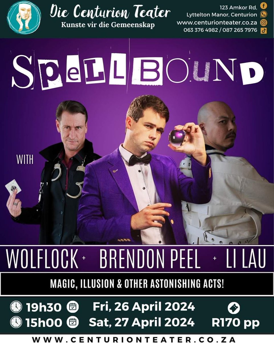 MAGIC & ILLUSION show by INTERNATIONAL SUPERSTARS 🤩 Tonight and Tomorrow! You don't want to miss this! Spellbound - Brendon Peel, Wolflock & Li Lau ✅ Vry, 26 April 2024 ✅ Sat, 27 April 2024 ⏰ 19h30 / 15h00 🎟 R170 📲 qkt.io/brendonpeelCT24 Witness South Africa's premier…