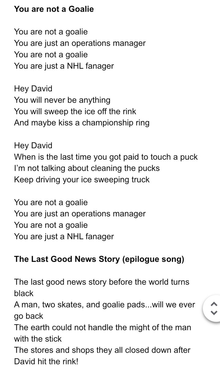 This has nothing on the musical Ben Stager and I were making about when the Leafs zamboni driver stepped in as goalie and defeated the Leafs and he was also a cancer survivor