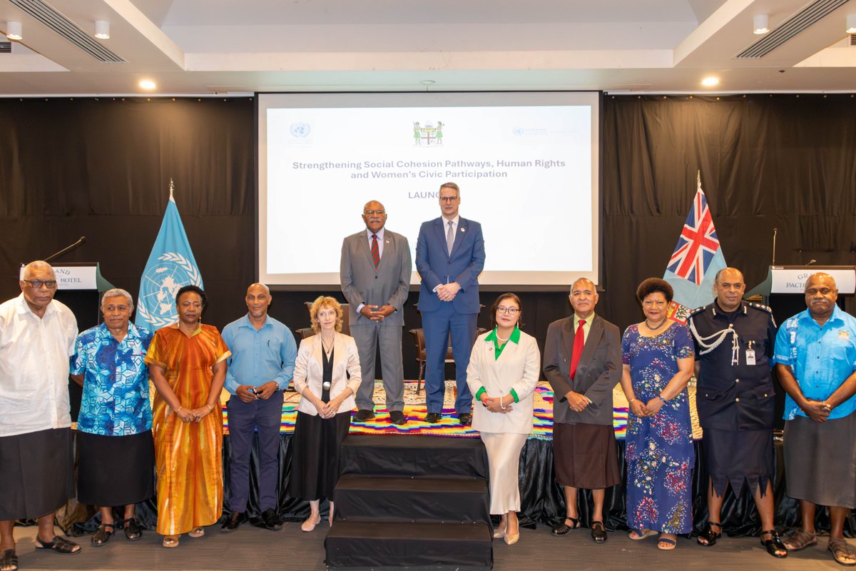 Today at the launch of the United Nations Social Cohesion Programme in Fiji 🇫🇯 UN Resident Coordinator @DirkWagenerUN stands alongside Hon. @slrabuka Prime Minister of the Republic of Fiji and national leaders to prioritize and foster peace, trust, and accountability in Fiji and