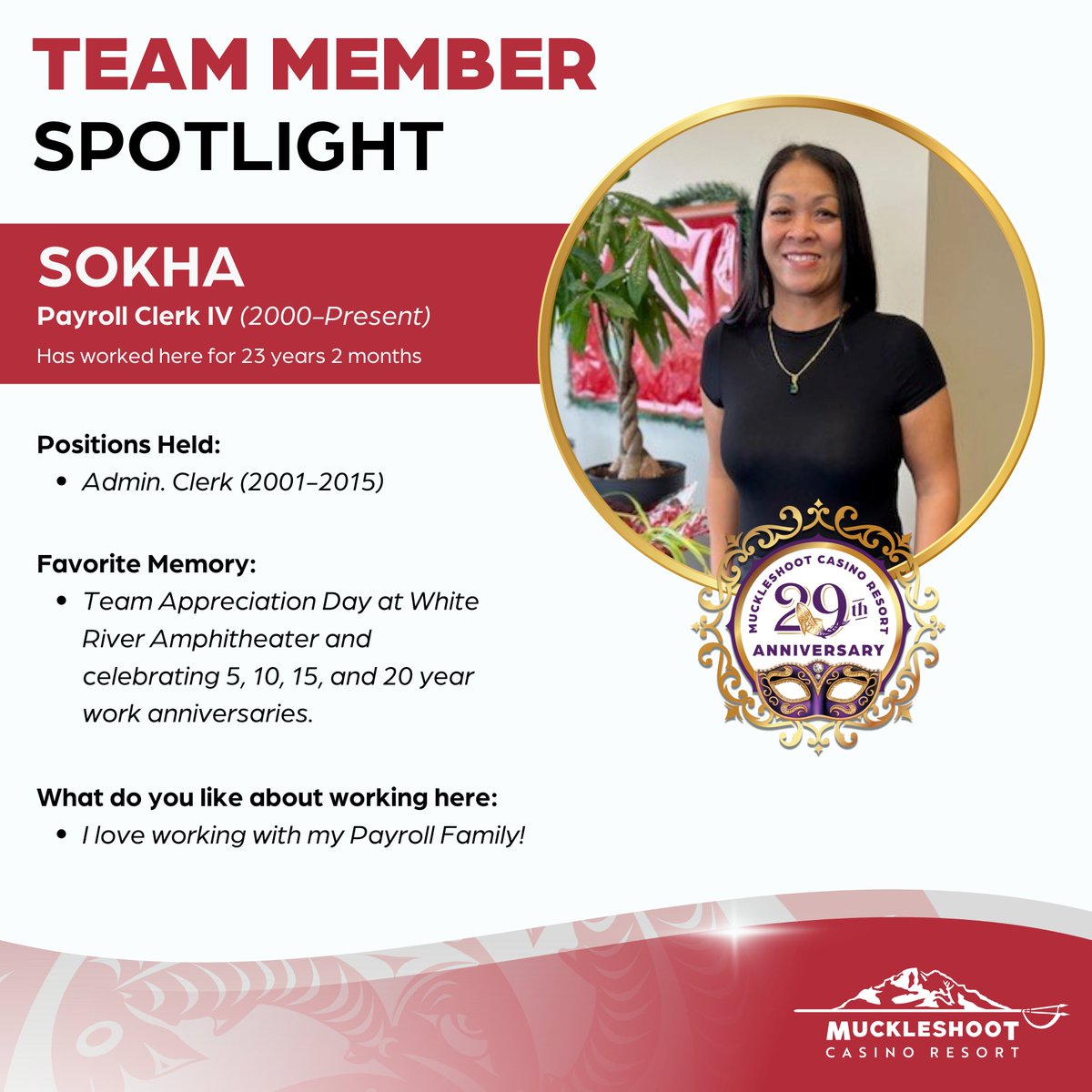 🍾Get to know some of our 20+ years Team Members as we celebrate our 29th Anniversary! 

✨ Sokha helps get our Team Members PAID (very important) and she's been with us for 23 years 2 months! #teammember #anniversary #spotlight #payroll