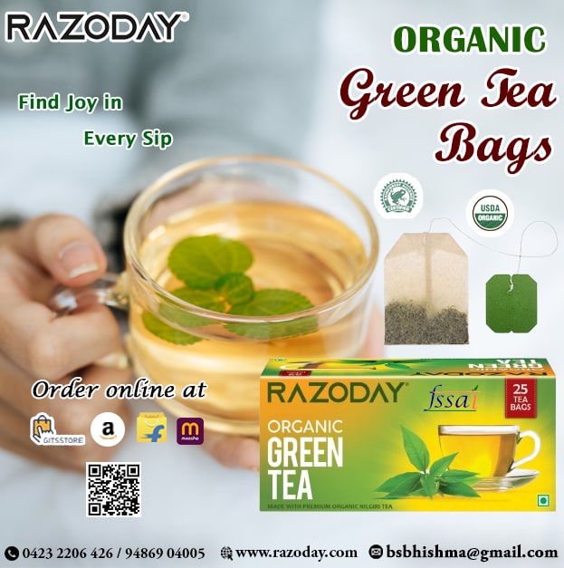 Organic Green Tea Bags

Find Joy in Every Sip

#OrganicGreenTeaBags #GreenTea #RAZODAY #organicgreentea #SriVinayagaEnterprise #teabag #favoritetea #deliciouscupoftea
#makeyourperfectcupofgreentea #teabag #TEA #RAZODAYGREENTEA  #shoponlinenow #onlineshopping  #shoponline
