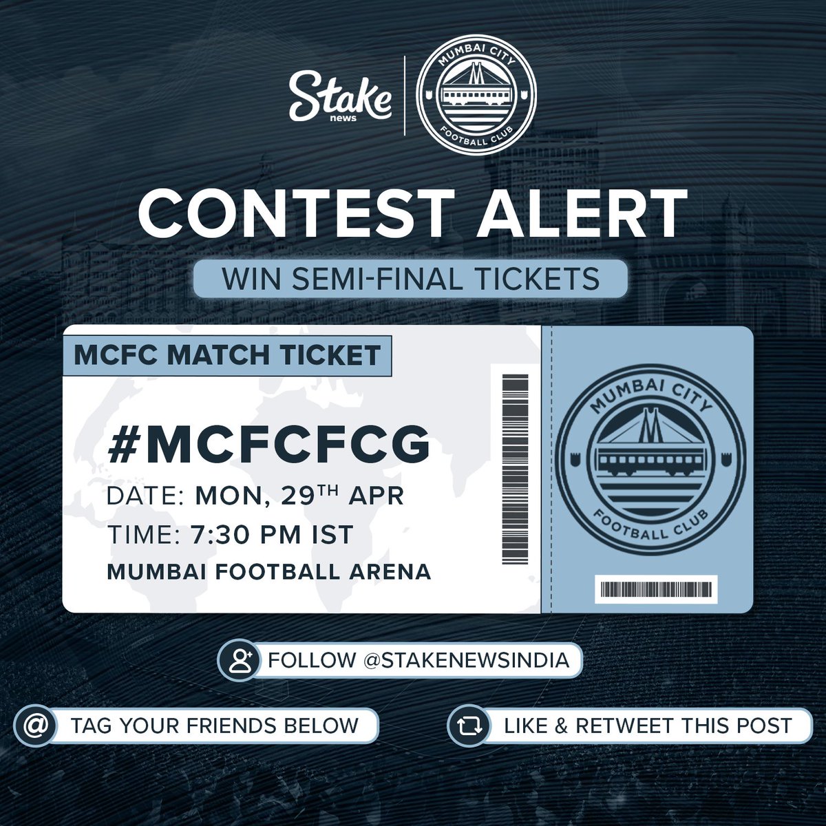 #Islanders 🤝 #Semifinals 🤝 #TheArena And we are giving away tickets to some lucky fans to enjoy this thriller 🤩 All you need to do 👇 1. Follow @stakenewsindia 2. Share & retweet this post 3. Tag 3 or more friends Winners will be announced on 28th April! 🎟 #MCFCFCG…