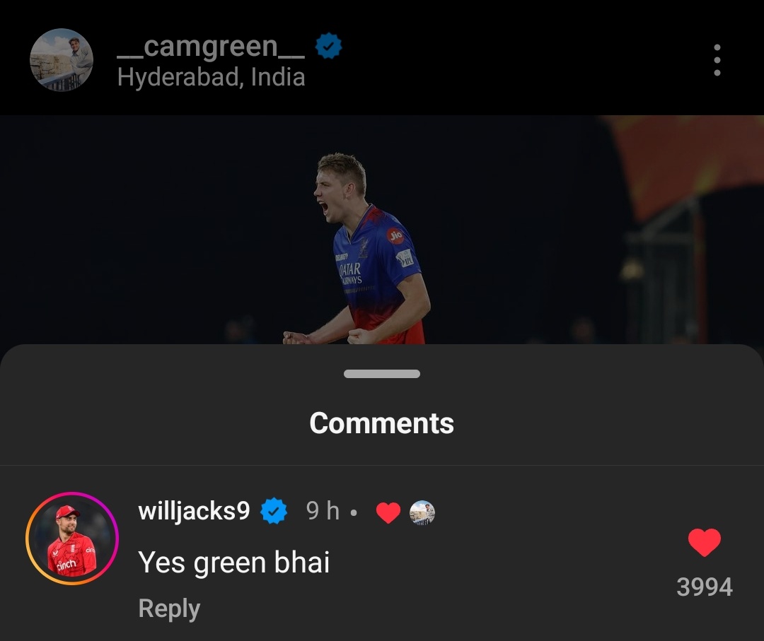 Will Jacks' comment on Cameron Green's Instagram post. 'Yes, green bhai'. 😂👌