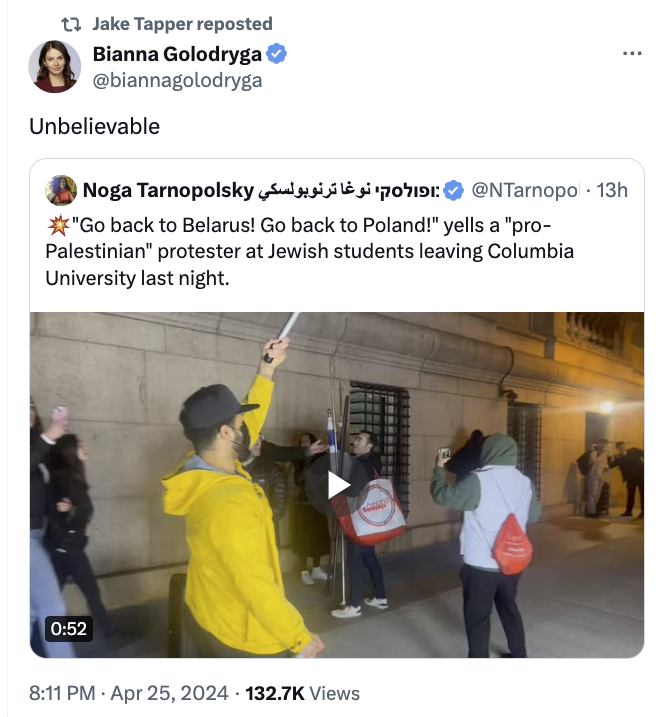 Multiple CNN anchors amplified footage of an antisemite outside Columbia last night. Are they going to talk about the throng of Zionists, Nazis, and cops threatening students tonight?