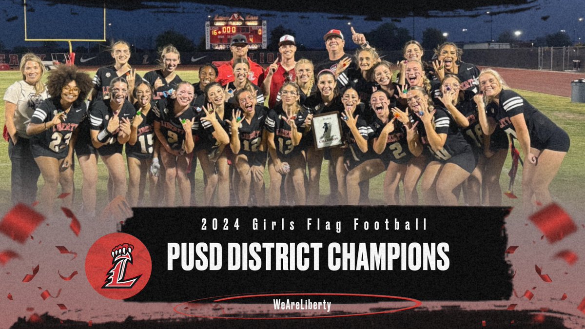 Congratulations to Liberty Girls Flag Football team completing their undefeated season with a 16-0 win over Sunrise Mtn in the PUSD Championship Game! These ladies continue to impress on both sides of the ball! Way to finish the season as CHAMPIONS! #WeAreLiberty