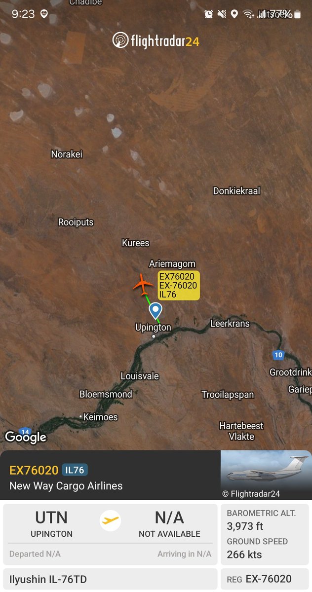 New Way Cargo Airlines' Ilyushin IL-76TD [EX-76020 #60113F] continues its regular flights to Goma from Upington as a #SANDF charter for transporting equipment. 
@Dinlas3