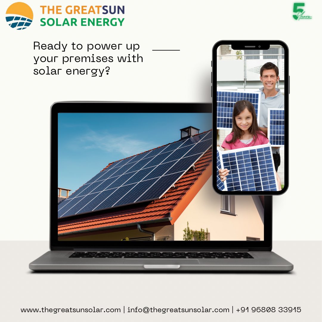 Ready to power up your premises with solar energy? Let's get started! Request a personalized quote today and make the switch to clean, renewable power. 

Learn more at thegreatsunsolar.com

#GreatSunSolar #SolarEnergy #LowerYourElectricBill #Sustainability #PMSuryaGhar