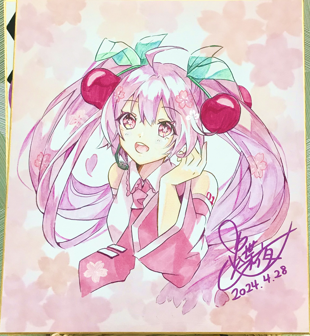 hatsune miku ,sakura miku 1girl solo long hair looking at viewer smile open mouth shirt  illustration images