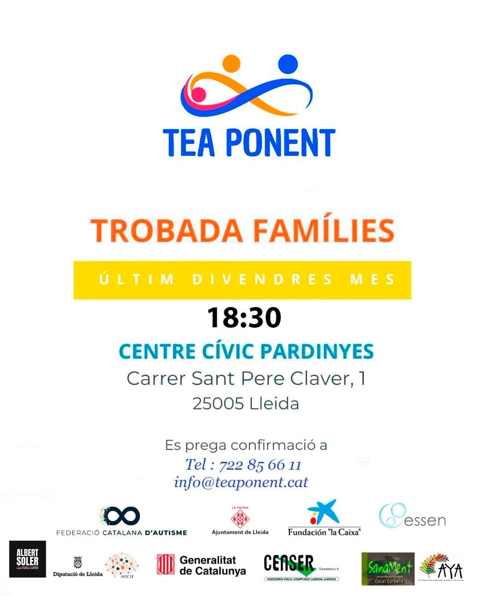 TEAPonent's tweet photo. AVUI REUNIÓ DE FAMÍLIES !!!!
Correu: info@teaponent.cat
Telèfon/WhatsApp: 722856611
@FedCatAutisme @ESSEN_lleida
@Fundlacaixa @FedAspergerCat
@gencat @diputaciolleida
@paerialleida @FAlbertSoler #teaponent #autisme #asperger #autismeelsnostresdrets https://t.co/rls5TWSscG