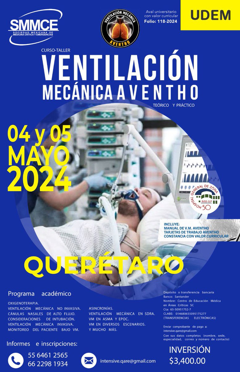 Nos vemos en Queretarock el 4 y 5 de Mayo! Aprende Ventilación Mecánica 🫁 de principio a fin en un Curso Intensivo de 2 días con Valor Curricular Inscríbete al 5564612565 😉