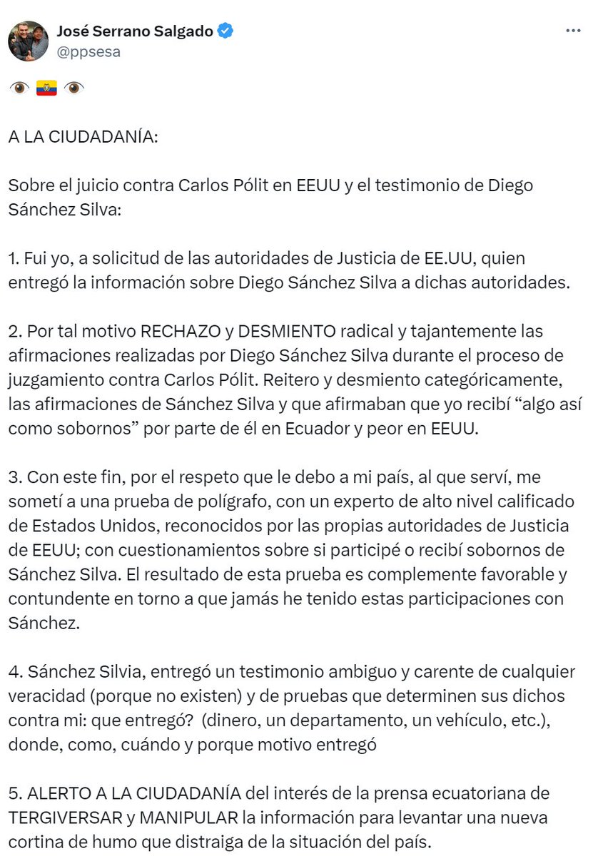 Ya me pasó el susto. El ex ministro del Interior, José Serrano, negó haber recibido sobornos de parte del negociante de seguros Diego Sánchez Silva, tal como este declaró dentro del juicio contra Carlos Pólit, en Miami. Serrano asegura que se sometió al polígrafo como prueba.