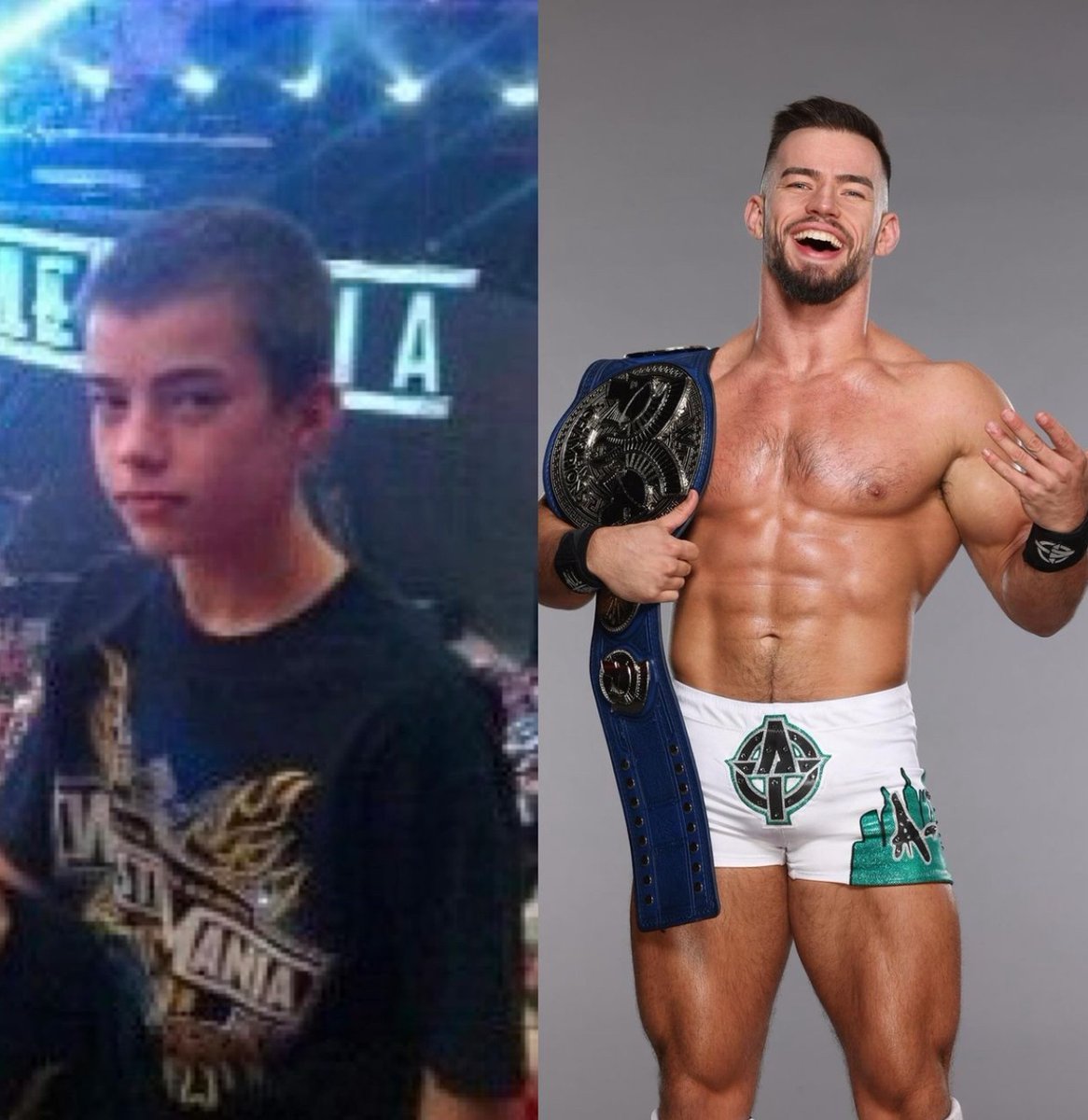 WrestlingWCC's tweet photo. Austin Theory shows comparison of himself at WrestleMania 27 versus WrestleMania 40 💯 https://t.co/D4Sip4Lo2n