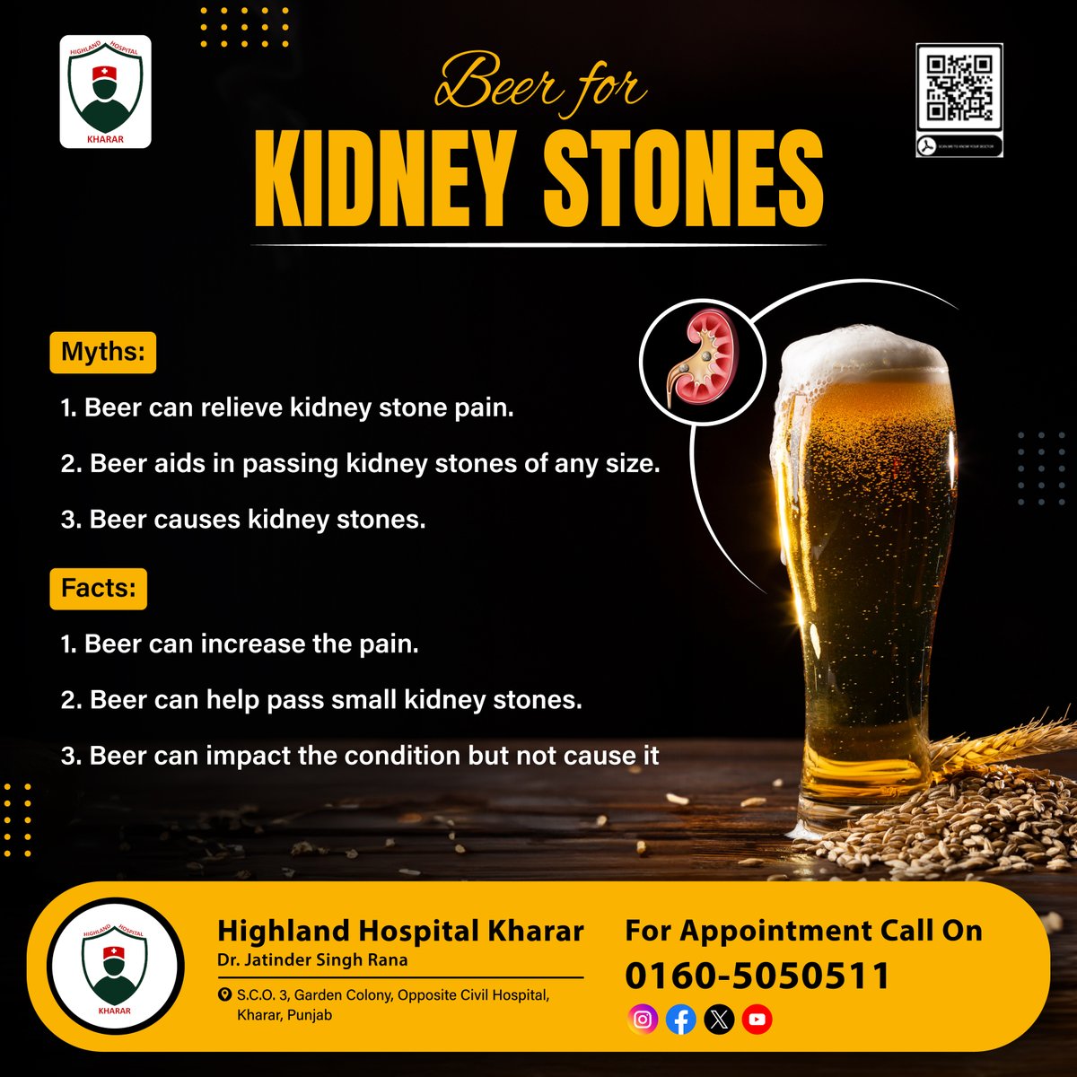 #Myth or #Fact? Does drinking #beer help with #kidneystones? We're busting myths and bringing you the facts. Follow us to learn more about kidney health!
.
#DonateBlood #Kharar #Mohali #DrJatinderSingh #Besthospital #beer #drinking #alcohol #MythBuster #highlandhospitalkharar