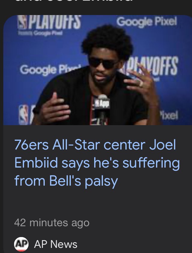 unhealthytruth's tweet photo. 76ers All-Star center Joel Embiid says he’s suffering from Bell’s palsy. Like Justin Bieber, and all the others, he was fully vaccinated. Article linked below where he discusses getting the vaccines. Bell’s palsy is a side effect of the Covid mRNA jab
#ArrestFauci. https://t.co/67RG4gRwNP