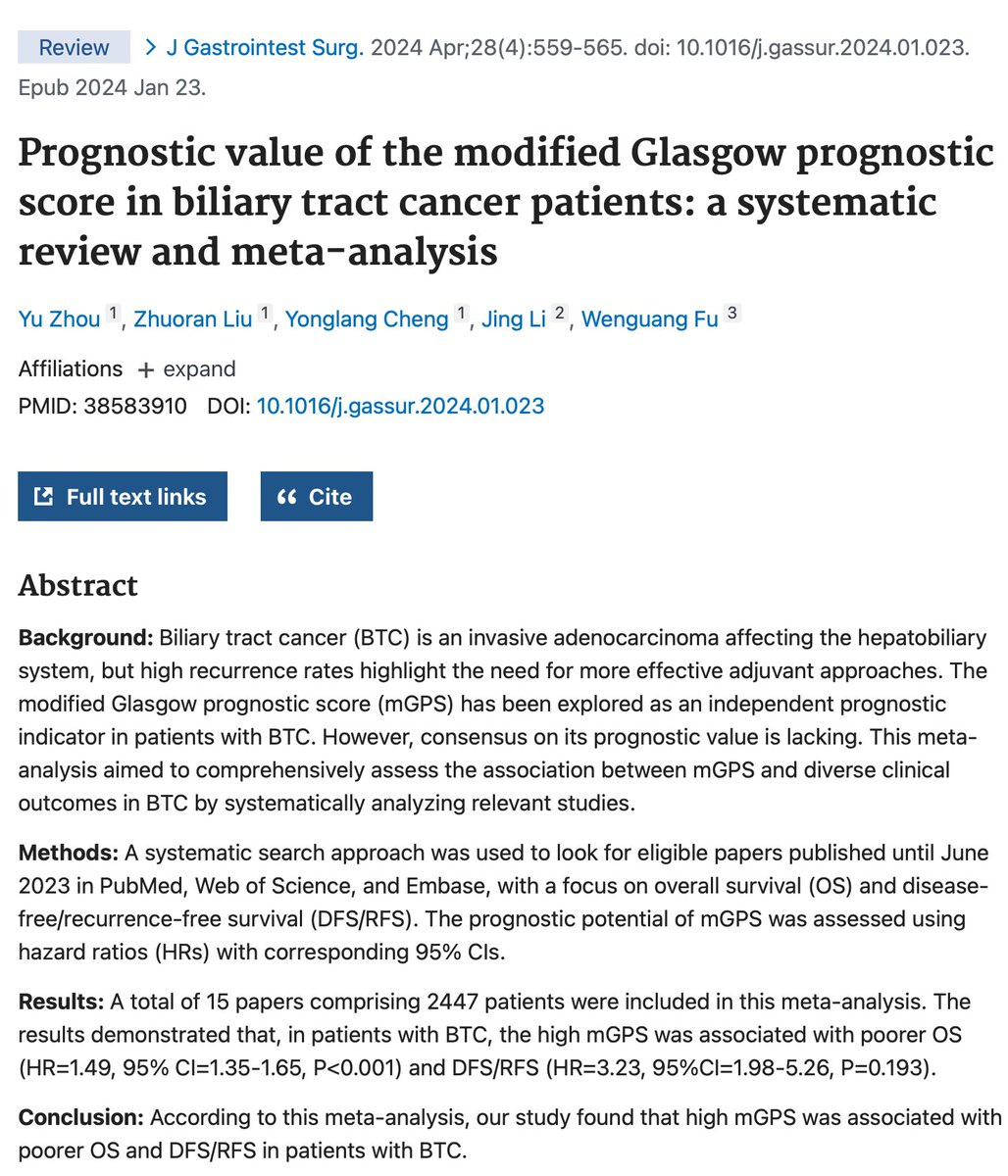 A meta-analysis on biliary tract cancer shows the modified Glasgow prognostic score (mGPS) is linked to worse survival outcomes. Highlighting the need for tailored treatments. #BiliaryTractCancer #CancerPrognosis #Oncology #ClinicalResearch