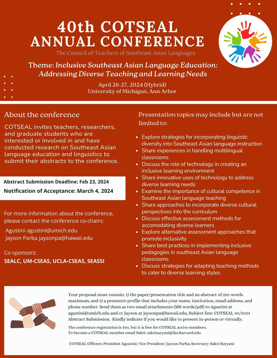 GETSEA_'s tweet photo. Conference Alert!
Come join COTSEAL (Council of Teachers of Southeast Asian Languages) for their annual hybrid conference.
April 26-27
https://t.co/9tLtF0jt7p
#AcademicConference #linguistics #SoutheastAsia #LanguageStudies #teachertwitter #TeacherConference #Asianlanguages https://t.co/XcgDZft5Cb